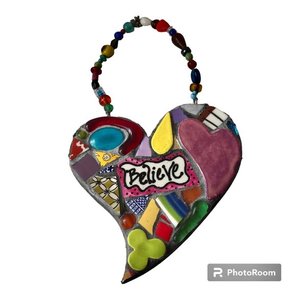 Studio Artist Mosaic Tile Heart Wall Hanging Beaded Glass Ceramic BELIEVE Signed - Picture 1 of 14